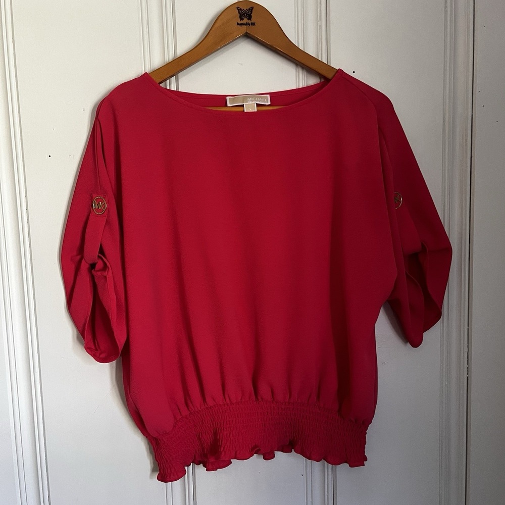 Michael Kors Pink Blouse Large Gold Button Sleeve Tab Elastic Hem Designer Top
